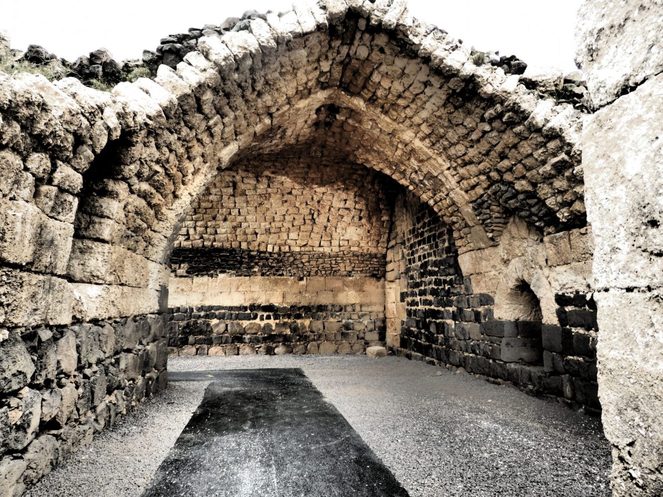 An arched storeroom or stable inside the keep of Belvoir Fortress, Israel.