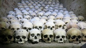 a careful arrangement of skulls inside the ossuary: Macabre sightseeing in Brno