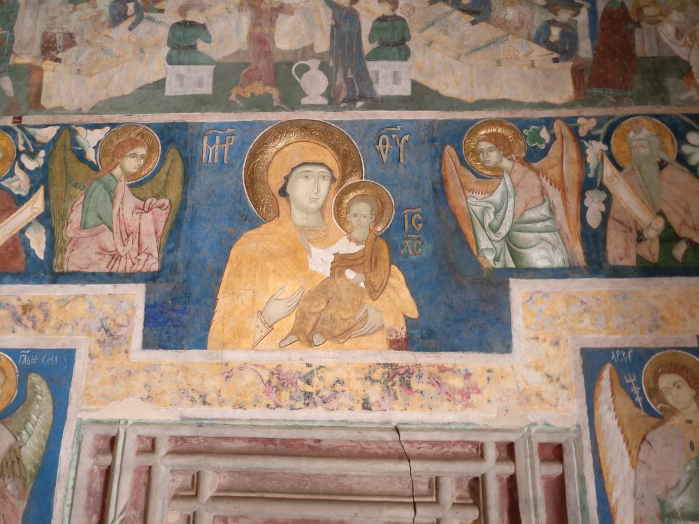 A Madonna and Child image inside the church at Arbore. The Spectacular Painted Churches of Moldavia.