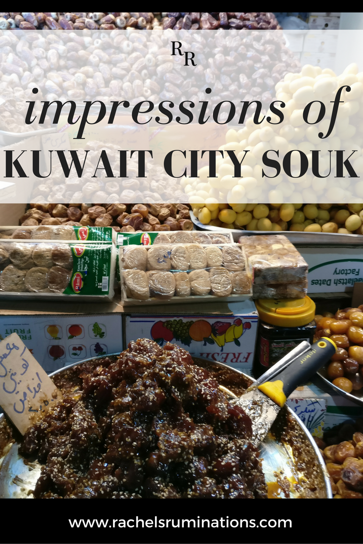 Text: Impressions of Kuwait City Souk. Image: dried dates in a market stall.