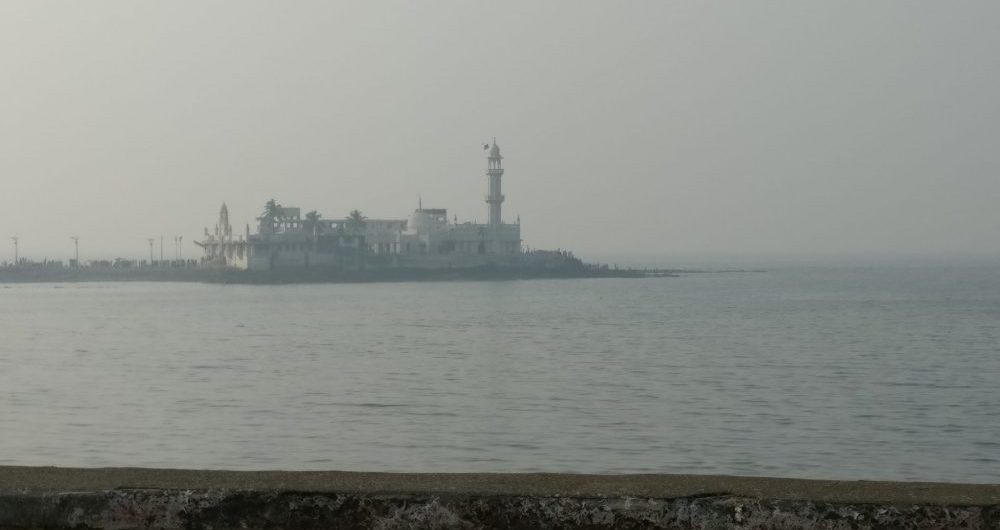 Haji Ali Dargah mosque, as seen from the Mumbai coastal road. It was extremely hazy with pollution when I visited.