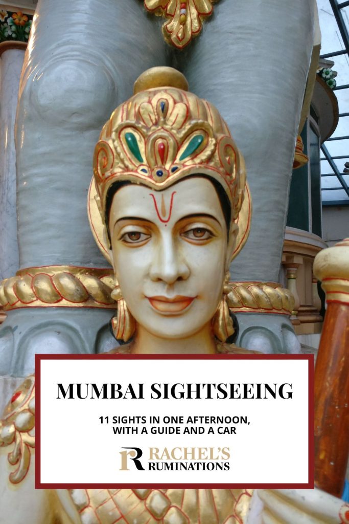 Text: Mumbai sightseeing: 11 sights in one afternoon, with a guide and a car. Image: a statue of a person.