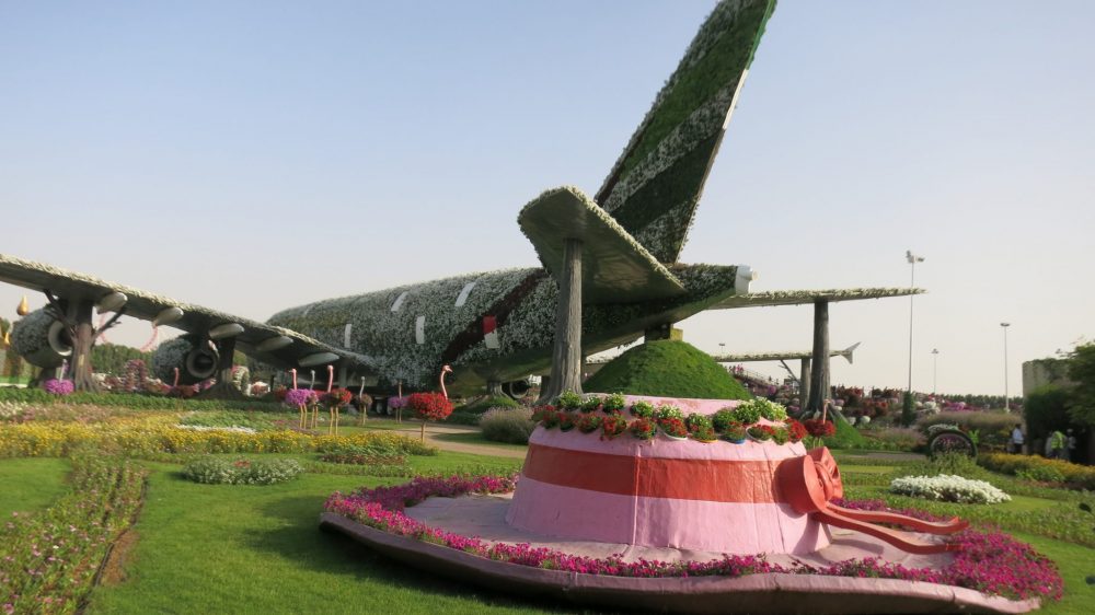 In the background, a full-size A380 airplane on the ground, covered in green short plants. It points away from the camera. Along its side is a row of ostriches; their bodies are covered in colorful flowers. In the foreground, a huge hat with a wide brim. It is pink with a red ribbon around it, and a circle of flowers around the edge of the brim and on the top. 