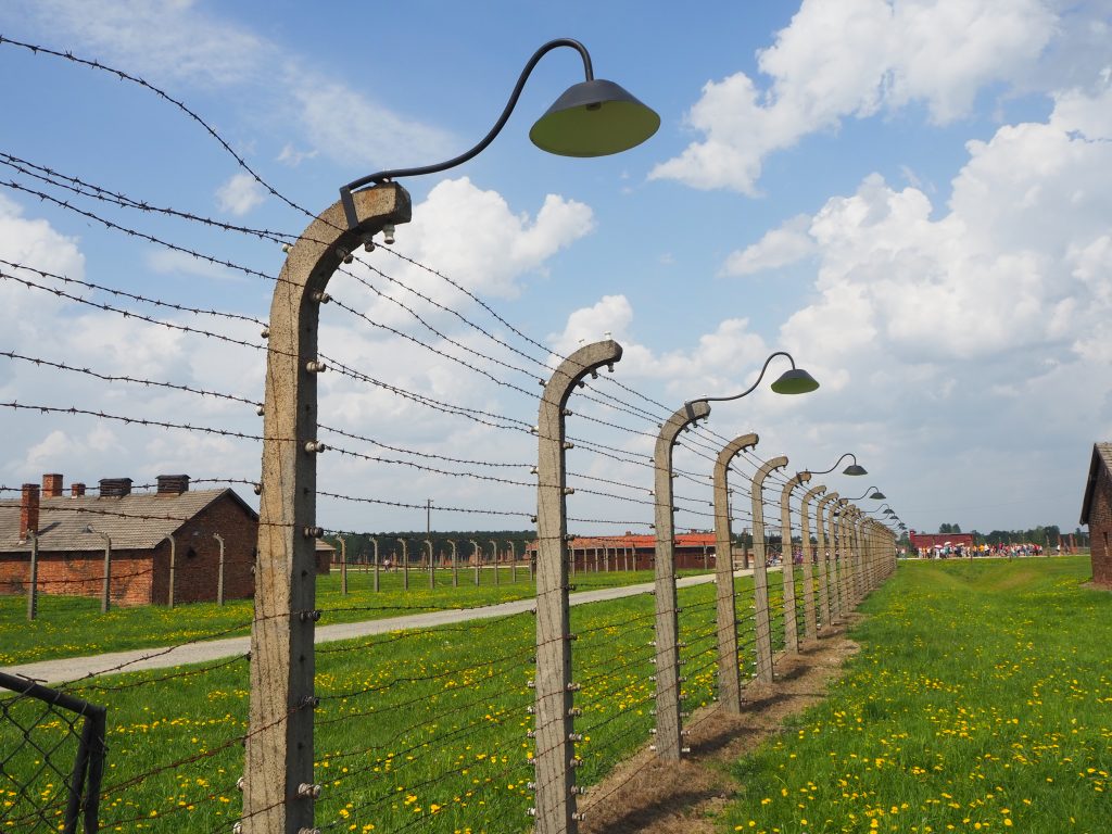 A barbed-wire fence in a straight line, supported by concrete uprights that bend to one side and some have lights on their tops.