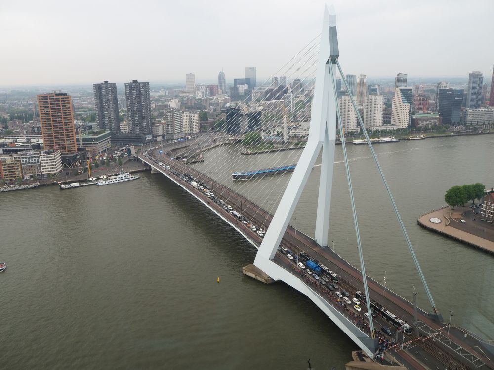 The Erasmus Bridge is a suspension bridge but with only one supporting structure. It is a tall grey structure, set off center on the bridge. On the shorter side of the bridge, just two beams extend from the top of the structure to the bridge on the shore. ON the longer side, a series of cables extend from the top of the structure to points along the bridge's sides. The city skyline is visible on the opposite bank and cars are crossing the bridge. 