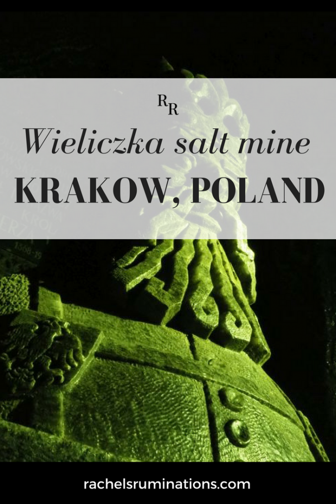 Text: Wieliczka salt mine, Krakow, Poland. Image: a carving of a king's head.