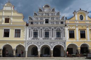 One of the more ornate houses on Telc main square, this one is deceptive in that what looks like sculptural decoration is actually painted.