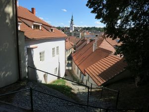 a view into the Jewish Quarter from partway up the path. The church in the distance is on the other side of the river, beyond the Jewish Quarter.