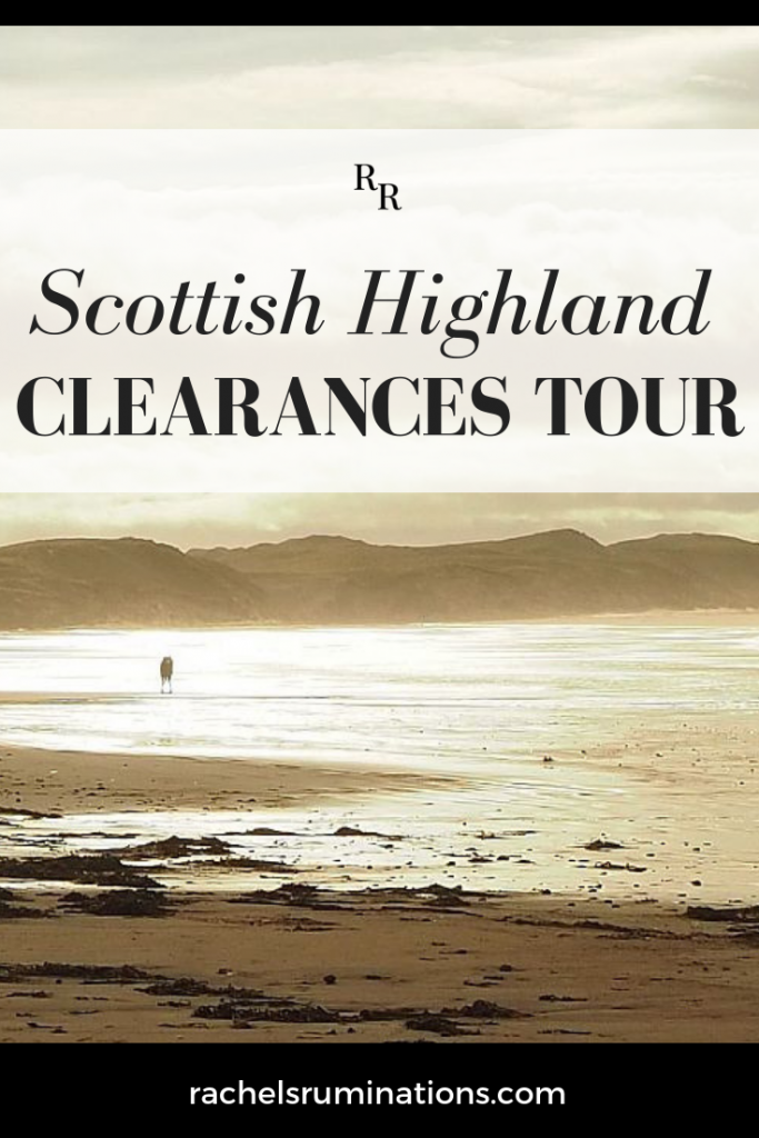 Pinnable image
Text: Scottish Highland Clearances Tour
Image: a beach in the evening, with a couple in the distance kissing on a sand bar.