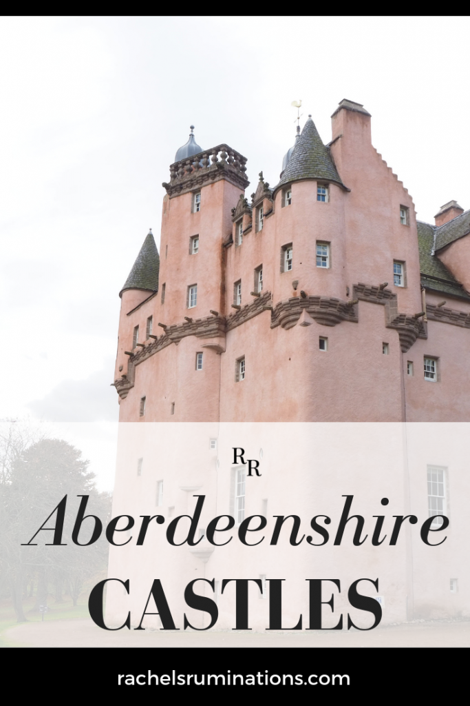 Text: Aberdeenshire Castles. Image: the pink Craigivar Castle.