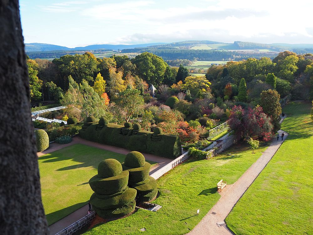 The walled garden at Crathes Castle, Scotland, can be seen in the distance in this view.