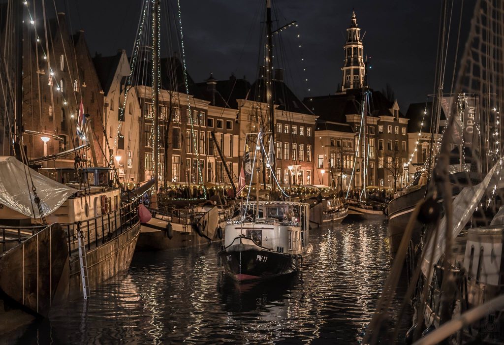 Winterwelvaart, with the boats all lit up at night.