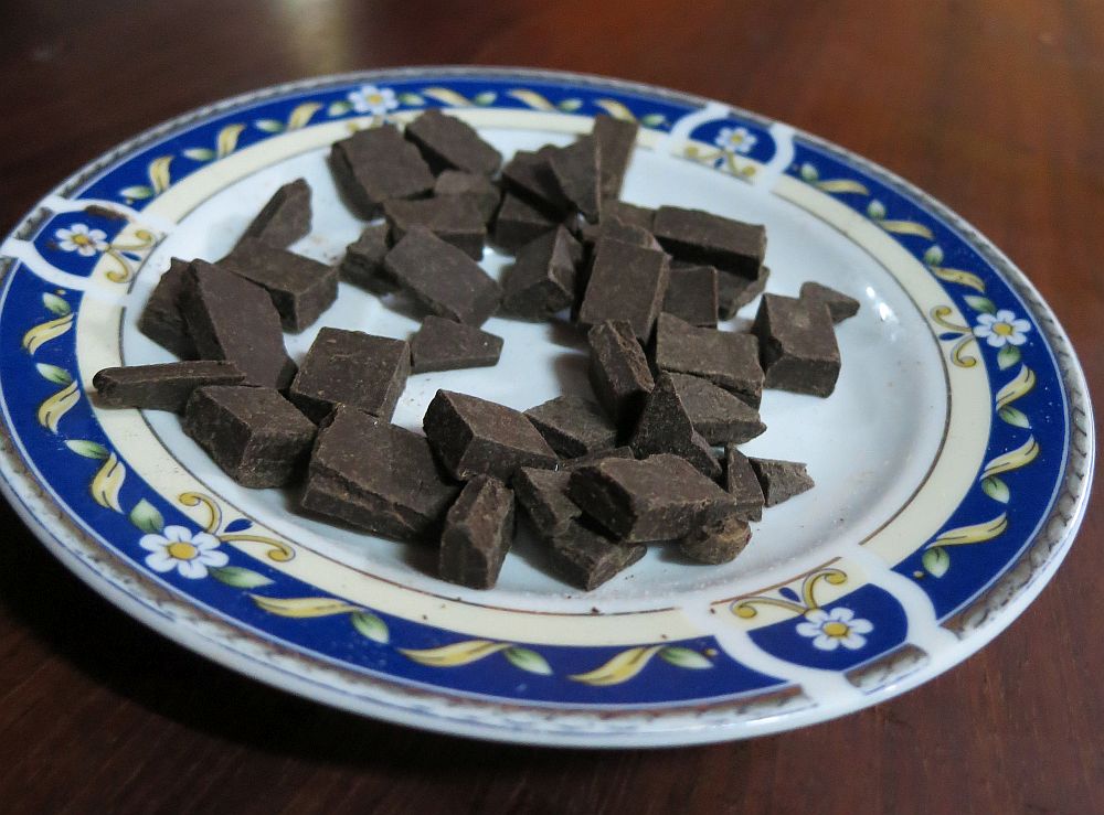 The Chocolate Museum's demonstrations include tastings: a plate of dark chocolate pieces.