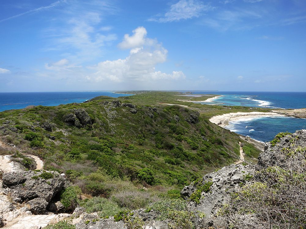 The view back along the peninsula from Pointe des Chateaux shows a long, narrow, flat finger of land with a coastline made of a series of coves.