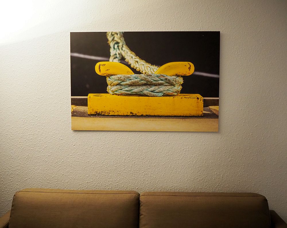 The artwork above the sofa shows a close-up of a rope tied to a bright yellow cleat.