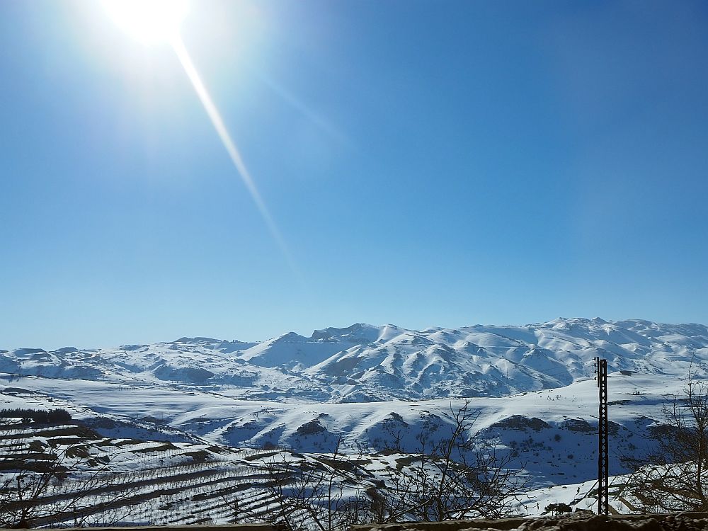 High mountains in the distance, covered in snow against a blue sky.
Highlights of Lebanon.