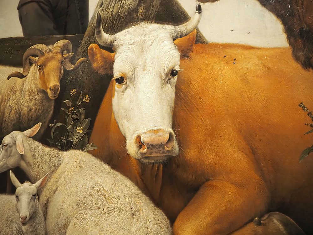 The cow gazes very realistically out at the view. In this detail, two sheep and a goat are also visible.