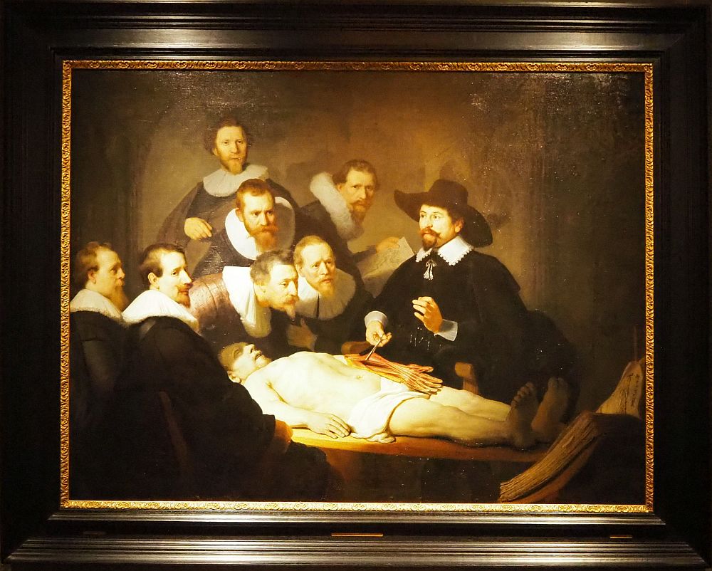 In The Anatomy Lesson, a corpse lies on a table in the light. Dr. Tulp holds tendons from the corpse's arms in a forceps, while seven bearded men look on. At the Mauritshuis Museum in Den Haag.