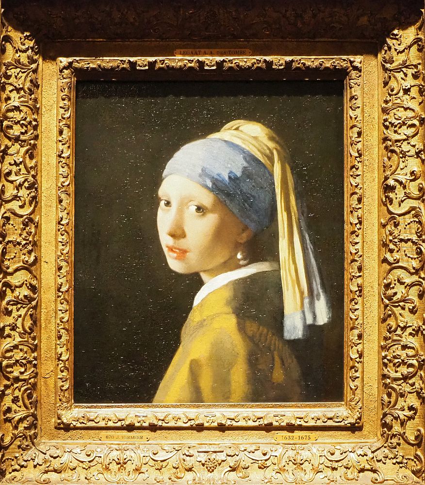 The girl is shown shoulders up. She is facing to the left, but her face is turned toward the viewer, so it's visible as a 3/4 view. the light comes from the side and shines off her bottom lip and the pearl. She wears a turban and robe.