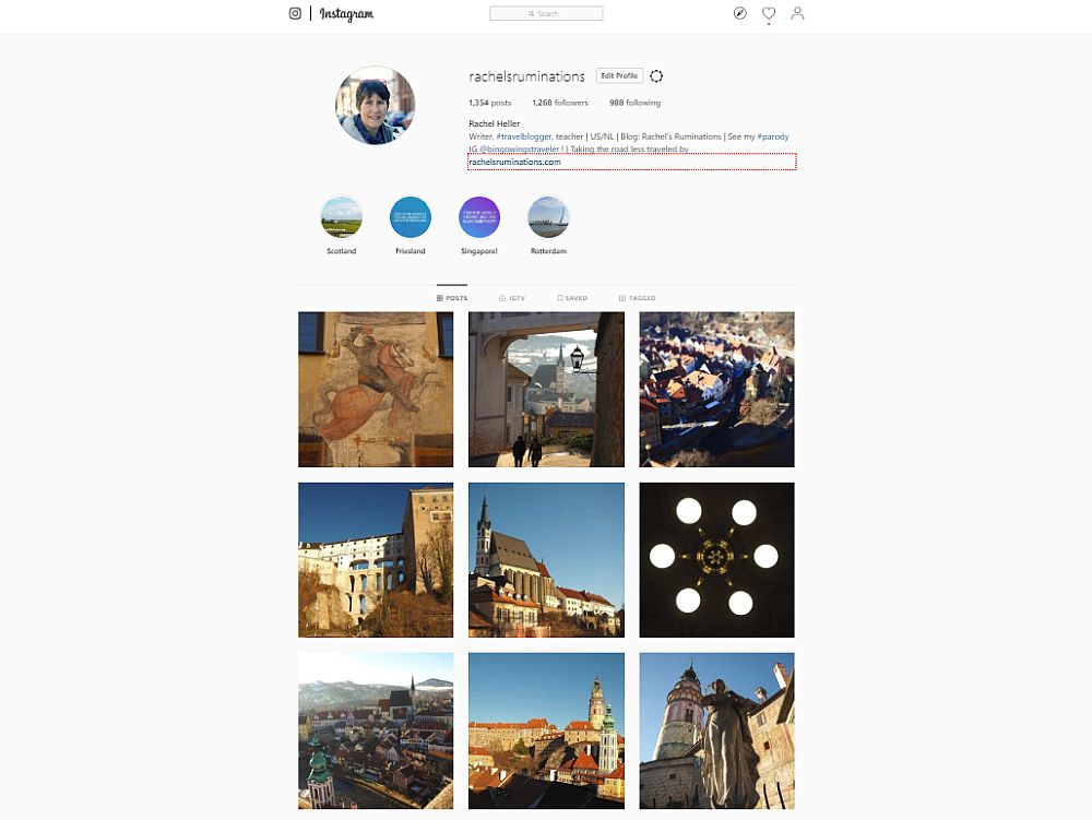 Under my instagram bio and photo is a square of 9 photos: a fresco, a view through an archway, a view over a city (Kutna Hora), a castle, a church, an indoor view looking up at a chandelier, another view over Kutna Hora, a view of church towers, a shot of a statue from below, with a castle tower behind it.