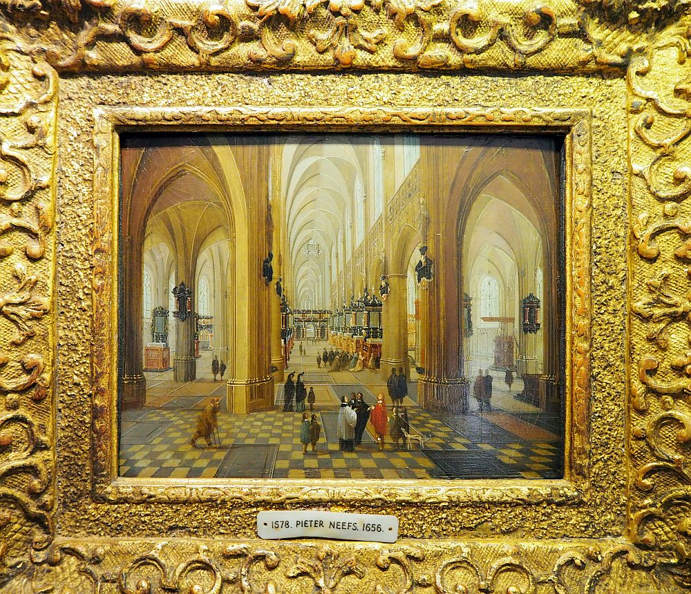 The painting shows the interior of a cathedral, with people standing in the foreground.