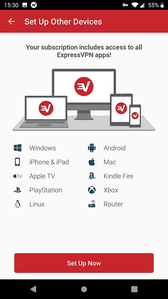 This ExpressVPN screenshot shows a list of icons and names: Windows, iPhone & iPad, Apple TV, Playstation, Linux, Android, Mac, Kindle Fire, Xbox, Router. Below is a big red button that says "Set Up Now".