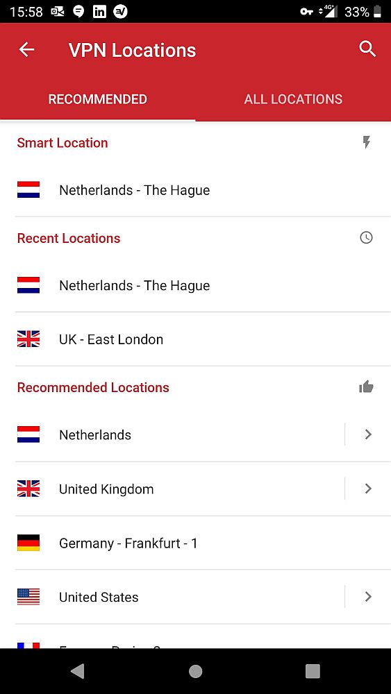 A screenshot for this ExpressVPN review showing two tabs at the top: "recommended" and "all locations." It's set on the recommended tab. Below is a list of countries with their national flags: 
smart location: Netherlands-the Hague
recent locations: Netherlands-the Hague and UK-East London.
Recommended locations:
Netherlands
UK
Germany-Frankfurt
United States