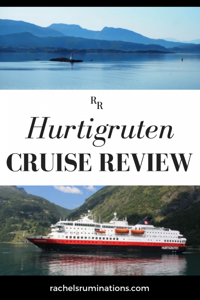 Two photos: the top one shows a marker buoy on calm water, backed by blue mountains. The bottom shows the Hurtigruten ship, the MS Nordnorge.