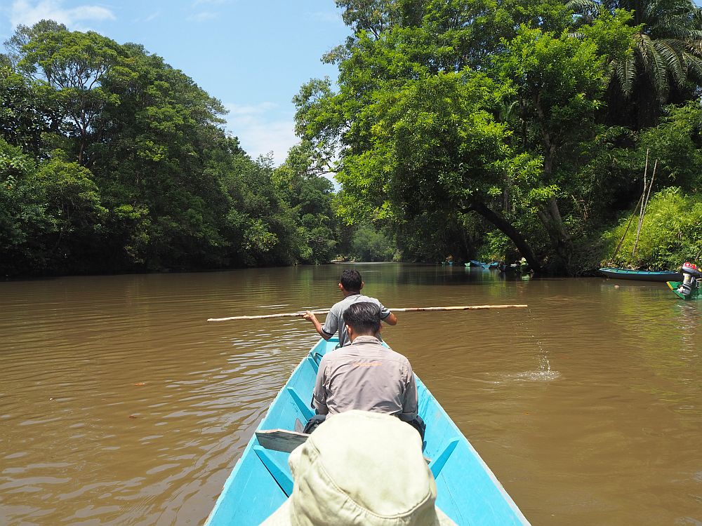 taken from the middle of the longboat, the head of one person is visible ahead (or rather his hat) and two people's backs in a row in front of him. The man at the front of the boat is holding a thin pole horizontally. The boat is painted blue inside, and the water is brown and still. On both banks: lush greenery. Memories like this are one of the reasons I (Rachel) have become addicted to travel. 