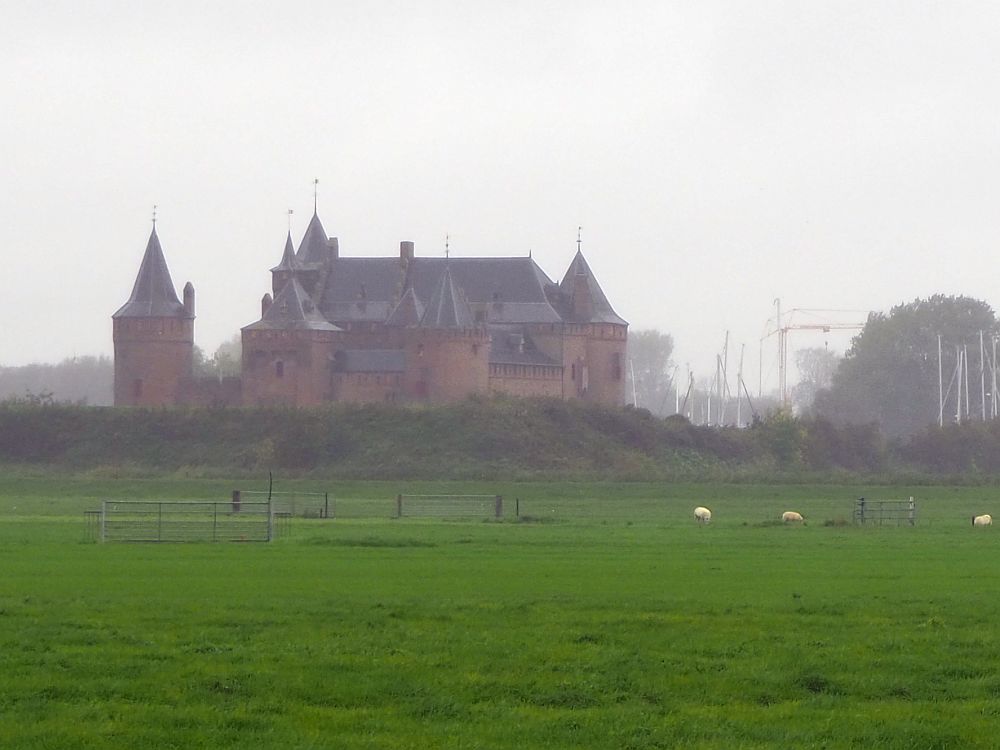 The castle sits behind some bushes? Or a dijk? shrouded in mist.