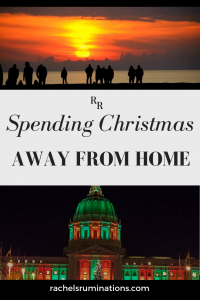 Pinnable image:
Text: Spending Christmas away from home
Images: a row of people silhouetted against a sunset over the water (top) and San Francisco City Hall lit up in green and red (bottom)