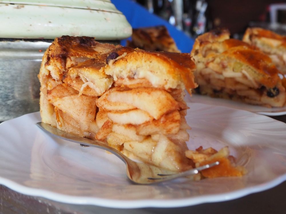 A  close-up of a piece of apple pie on a white plate with a small fork next to it.