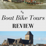 Text: Boat Bike Tours review. Images: above, a tugboat pushing a barge on a river; below, view of a pretty little town.