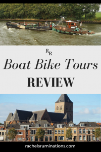 PInnable image
Photos: a tugboat pushing an old boat in front of it above and a view of Kampen with houses and a church below.
Text: Boat Bike tours review