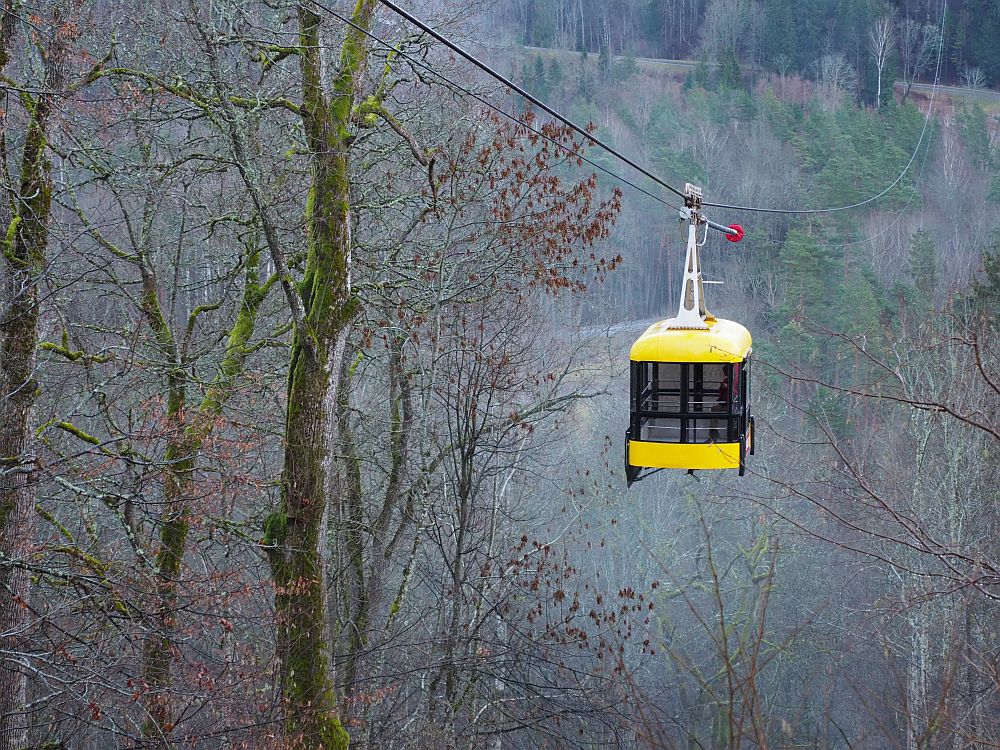 A square cabin hangs from a wire. The cabin has windows all around and is bright yellow on the top and bottom. The scene around the cable car is filled with leafless trees.