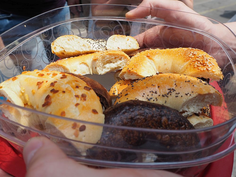 Hands hold a transparent bowl with pieces of bagels of different varieties: sesame seed, onion, poppy seed, pumpernickel. A stop on one of the Tenement Museum tours.