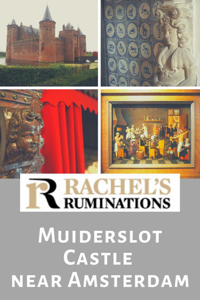 Text: Rachel's Ruminations. Muiderslot Castle near Amsterdam
Images: external view of the castle, closeup of a fireplace carving, closeup of a box bed carving, and a painting of the bakers of Eeklo.