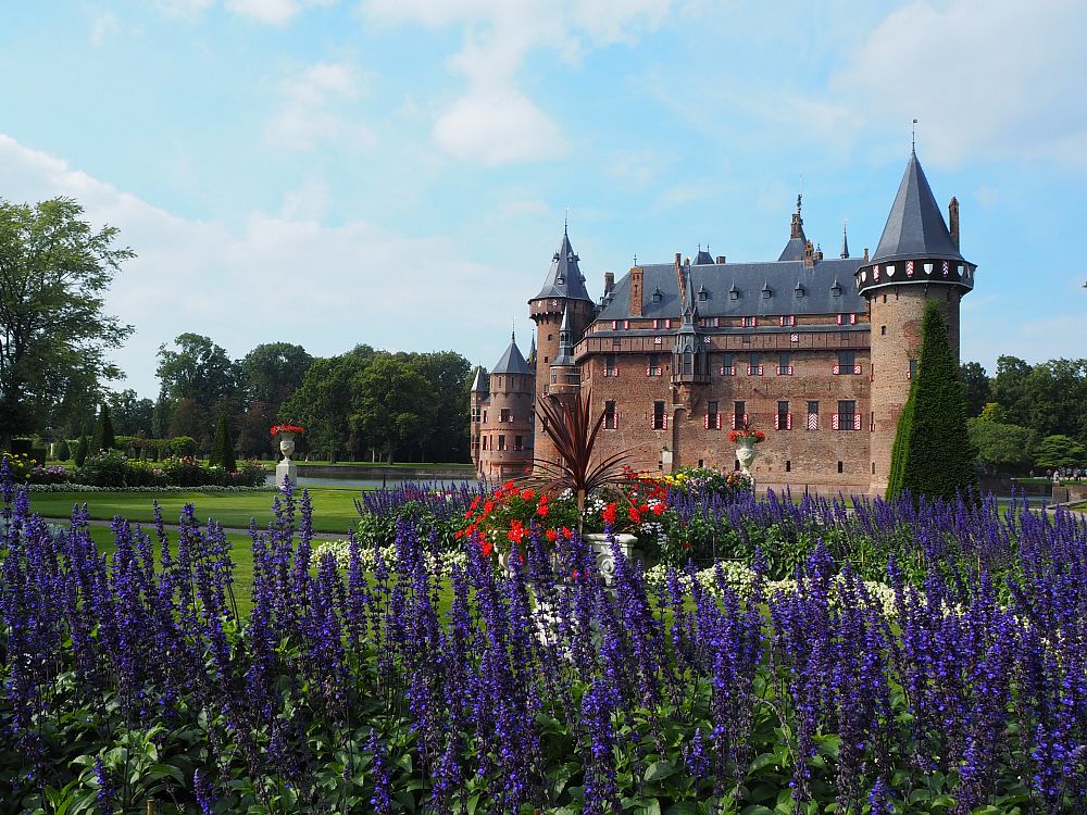 From this standpoint, the castle has a round turret on the right-hand corner and several smaller ones on the left, as well as a number of decorative turrets here and there. In the foreground are some bright purple flowers and, behind them, some bright red flowers. Some neatly mowed grass is visible between the flowers and the moat around the castle. 