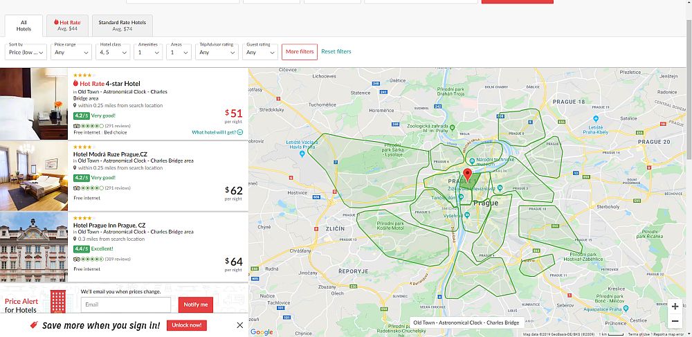 A screenshot from Hotwire show, on the right 2/3 of the screen, a map of Prague with some light green blobs on it, one of which is darker green. On the left 1/3 are three hotel listings, each with one photo, a name (or "Hot rate" , a price, a rating, and a general location.