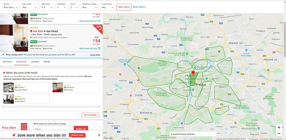 A screenshot from Hotwire show, on the right 2/3 of the screen, a map of Prague with some light green blobs on it. On the left 1/3 is a hotel listing: "Hot Rate 4-star hotel" with a rating and a small picture. Below it are smaller pictures with labels showing 3 hotels. 
