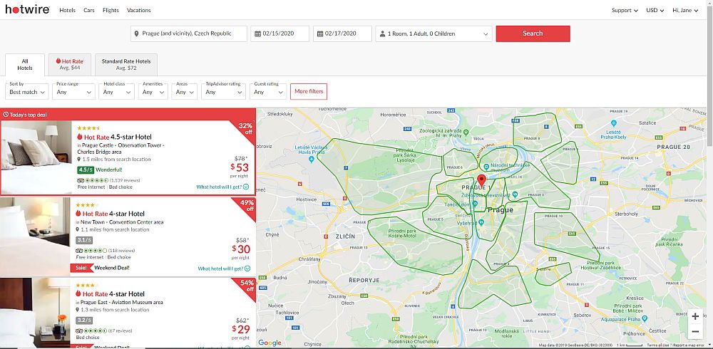 A screenshot from Hotwire show, on the right 2/3 of the screen, a map of Prague with some light green blobs on it. On the left 1/3 are three hotel listings, each with one photo. All are "Hot rate" listings, with a price, a rating, and a general location.