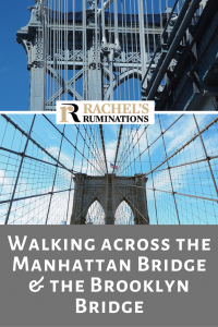 Pinnable image: Text: Walking across the Manhattan Bridge & the Brooklyn Bridge. Image: Support towers from each bridge. Above: The metal Manhattan bridge. Below: the stone Brooklyn Bridge.