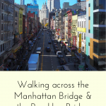 Text: Walking across the Manhattan Bridge & the Brooklyn Bridge: Which is better? (and the Rachel's Ruminations logo). Image: looking down a street in Chinatown.