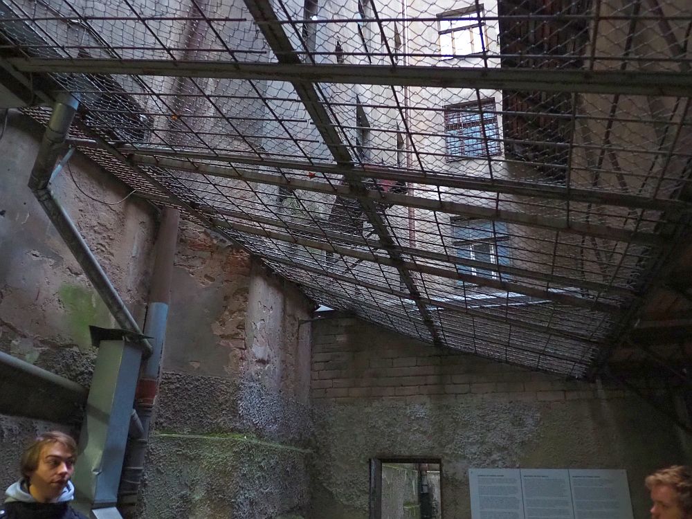 This view looks slightly upwards: the roof cage is broad bars, quite far apart, with chain link fencing on top of that. Two concrete or brick walls can be seen in this picture, and looking through the roof bars a vertical row of windows up the building. 