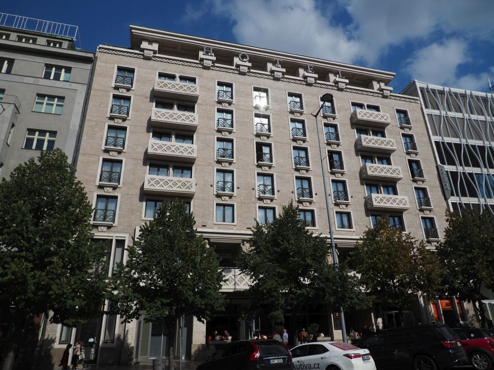 A rather elegant hotel of about 8 stories in a vaguely deco style. 