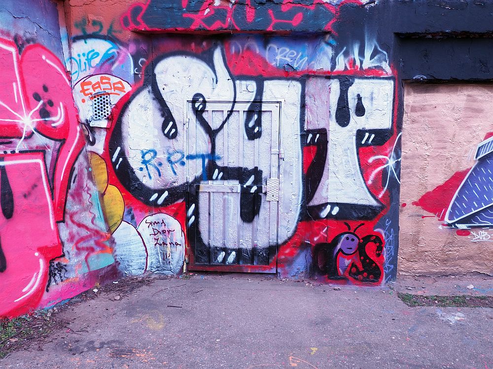 The wall is covered in tagging-style graffiti. The piece where the door is reads SYT. 