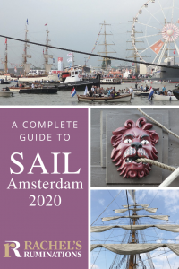Images: one of the river with lots of boats and a ferris wheel in the background; one closeup of a wooden carving, painted red, of a lion that serves as a hole for a rope to go through; and one looking up at a tall ship mast with five sails, furled on horizontal beams, one above the other.