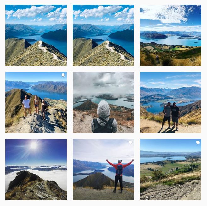 9 photos of Roy's Peak. All but one have similar views overlooking the lake with mountains in the distance. The other is a different scenery view. 4 of the 9 have people posing in front of the scenery. 