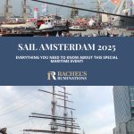 Text: Sail Amsterdam 2025: Everything you need to know about this special maritime event. Images: above, a view of lots of boats on the water and a ferris wheel; below, a row of tall ships along a pier.