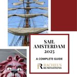 Text: Sail Amsterdam 2025: A complete guide. Images: a mast with furled sails and a lion carving.